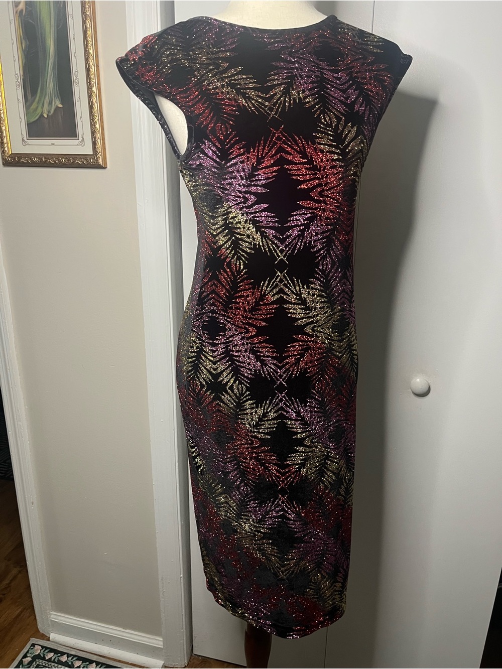 Topshop Black Midi Dress with Metallic Red, Pink & Gold Leaf Print